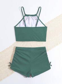 Conjunto de bikini para adolescente con correa de espagueti de unicolor con decoración lateral de lazo y conjunto de bikini