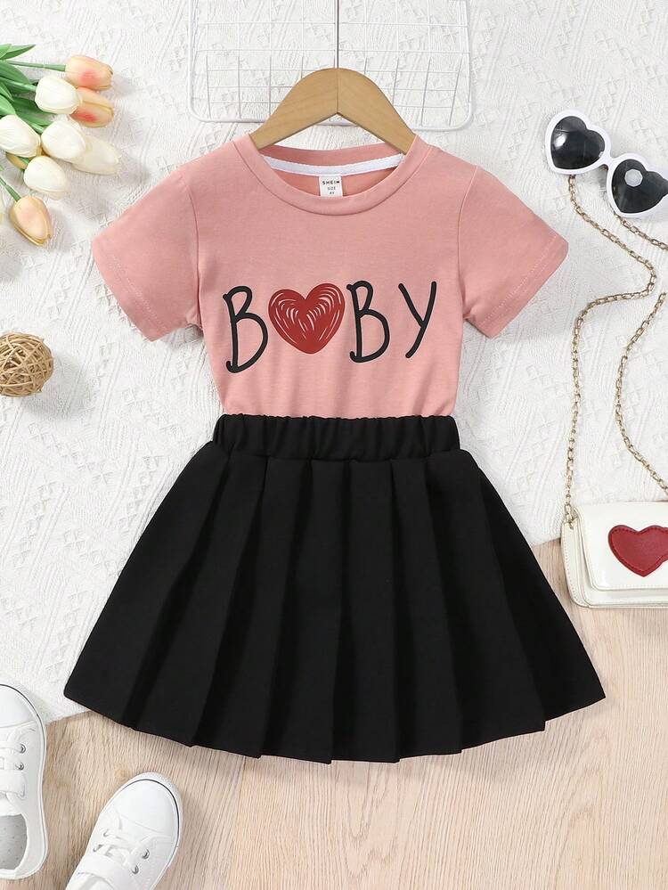 Family Matching Outfits 'Mommy And Me' Pink Letter Print Short Sleeve T-Shirt And Black Pleated Skirt Set (2 Pieces Sold Together, The Third Piece Sold Separately) For Toddler Girls