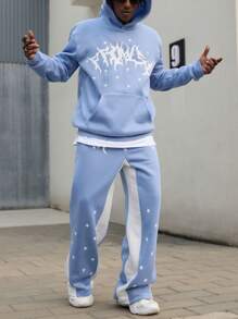 Manfinity Roghcode 男士春秋休闲字母印花落肩连帽衫和运动裤套装，拼色，外出，运动服，男友礼物，哥特 - 藍白色 - 查看 5