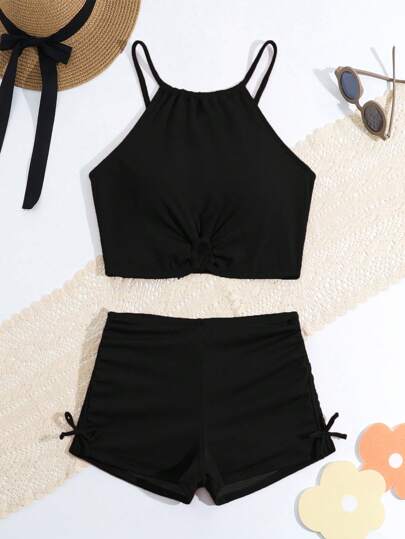 少女纯色荷叶边比基尼套装，适合海滩度假夏日海滩