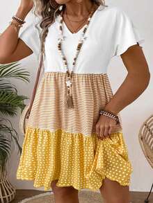 SHEIN CURVE+ 大碼女士夏季條紋印花Ｖ領短袖寬鬆嬰兒裝連衣裙 - 彩色 - 查看 5