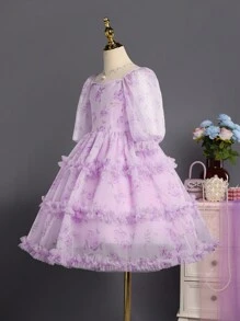 SHEIN Tween Girls Floral Print Chiffon Dress With Puff Sleeves And Frill Trim For Tween Girls, Suitable For Vacation, Performance, Wedding, Party, All Seasons - Purple - View 4