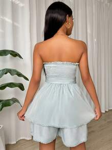 SHEIN Holidaya Stylish Women Solid Color Pleated Strapless Jumpsuit - Mint Green - View 2