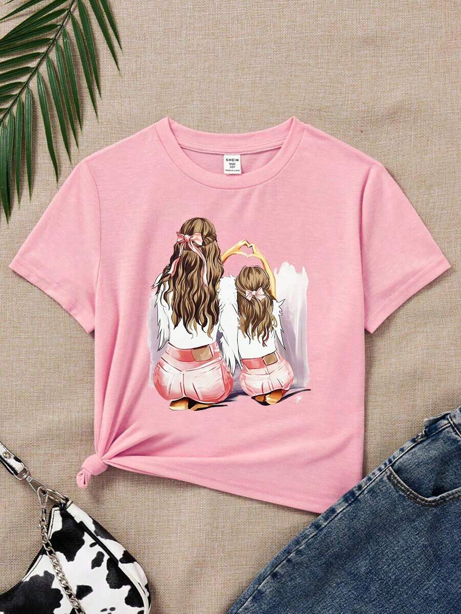 SHEIN Tween Girl Casual Round Neck Short Sleeve T-Shirt With Character ...