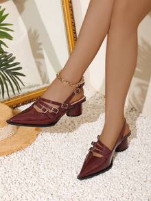 性感OL風格時尚尖頭高跟踝帶女士涼鞋 - 酒紅色 - 查看 5