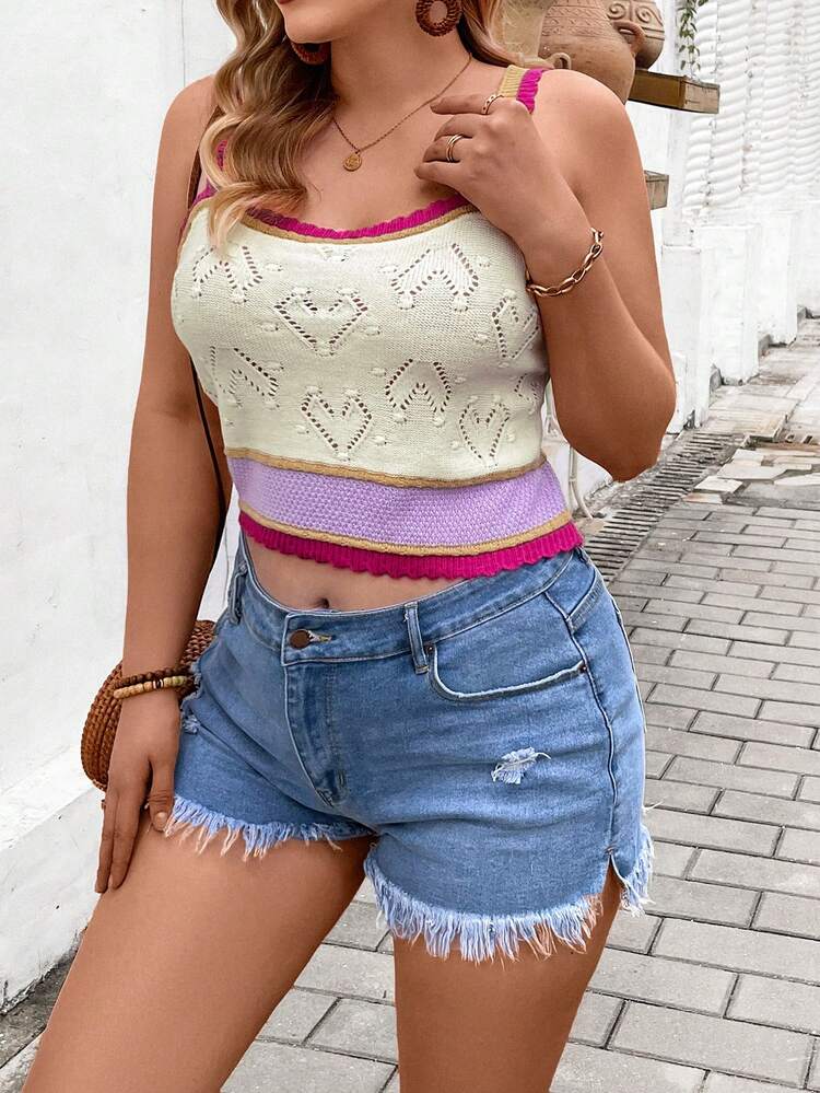 Plus Size Women Summer Holiday Color Block Loose Knitted Tank Top With Spaghetti Straps