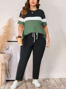 SHEIN LUNE 大碼女士夏季彩塊圓領短袖休閒T恤和高腰腰帶褲套裝 - 橄欖綠 - 查看 3