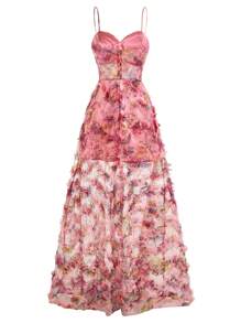 SHEIN Belle Elegant Spaghetti Strap Sweetheart Neckline 3D Floral Printed See-Through A-Line Women Evening Dress (Heavy Duty) - Multicolor - View 4