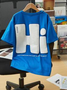 SHEIN Tween男孩休閒街頭風鬆身針織T卹，配泡沫印刷字母圖案和標籤，圓領，套頭式 - 寶藍色 - 查看 1