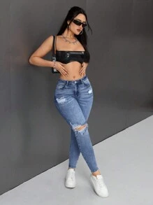 SHEIN PETITE 女款日常穿搭破洞修身牛仔褲，適合嬌小女性 - 深色水洗藍 - 查看 5
