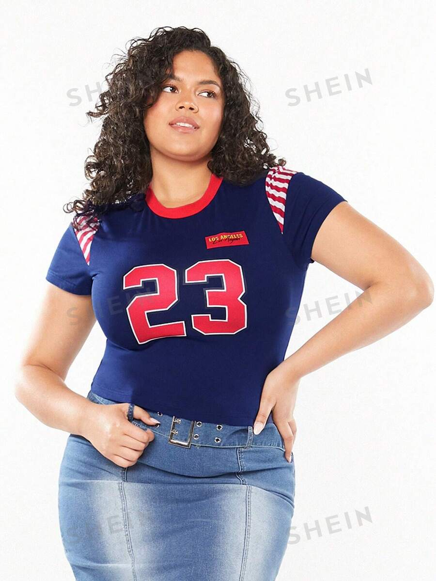 Forever 21 Tricou pentru femei de mărime mare cu imprimeu de vară Vintage College - Albastru marin - Vizualizare 1