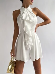 Firerie Women's Elegant Shirt Collar Ruffle Edge Jumpsuit - White - View 5