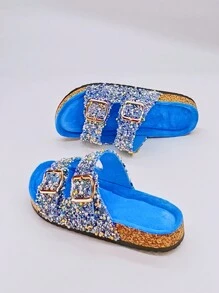 roulvxiang New Glitter Slides - Purple Platform Beach Sandals, Non-Slip Sole,Spring Summer Outfits - Blue and White - View 4