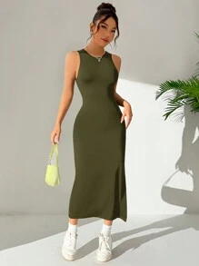 SHEIN EZwear Vestido sin mangas sencillo y diario para mujeres de unicolor y espalda descubierta - Verde militar - Ver 5