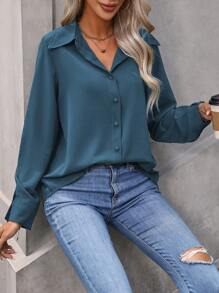 EMERY ROSE Solid Button Front Shirt,Long Sleeve Tops Fall Cloth For Women - Dusty Blue - View 6