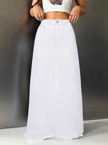 SHEIN ICON Women's Casual Denim Skirt With Patchwork And Frayed Hemline