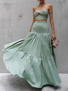 Firerie 女士两件套打结镂空抹胸搭配荷叶边中长 A 字裙，优雅度假 - 綠色 - 查看 1