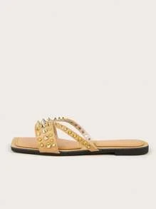 Apricot PU Leather Rivet Decorated Flat Sandals For Women, Random Rivet Design - Apricot - View 3