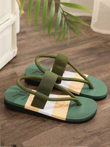 男士綠色休閑無後跟涼鞋拖鞋，有彈性帶和腳趾後帶，夏季 - 綠色 - 查看 2