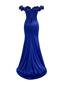 SHEIN Belle Elegant Blue Exaggerated Ruffles Off Shoulder Bust Cups Fine Flash Webbing Splicing Sexy Corset Back Width Adjustable Straps High Waist Slimming High Split And Floor Dragging Fishtail Dress Dating Bachelorette Party Graduation Season Wedding Event Heavy Duty Dinner Party Prom Semi Formal Wedding Guest Dress, For Birthday, Homecoming