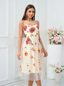SHEIN Belle Váy cocktail thêu lưới không tay thanh lịch dành cho nữ - Màu be - Xem 6