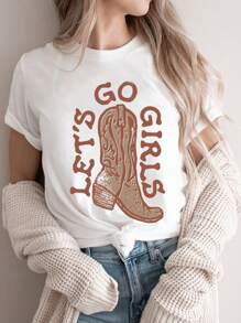 SHEIN EZwear Lets Go Girls Western Women Cowboy T Shirt | SHOPBOP Comfortable Color Shirt | Fashionable Bohemian Pattern T Shirt - White - View 1