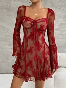 Rafferiza Sexy Lace Diamond-Embellished Stand Collar A-Line Dress With Bell Sleeves, Spring/Summer For New Year Holiday Party Clothes Fall Cloth For Women