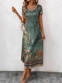 SHEIN Clasi Ladies Stylish Green Retro Half-Sleeve Pocket Dress - Green - View 5