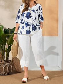 EMERY ROSE Conjunto de blusa con estampado floral y pantalones capri talla grande, para el verano
