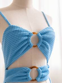 Soleia Robe sans manches bleue décontractée en tricot jacquard texturé pour femme en vacances à la plage avec cercle creux, plis et fente latérale haute