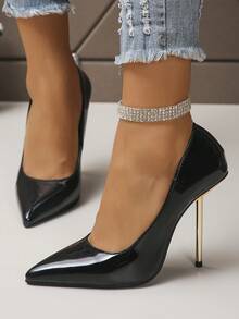 性感百搭尖头高跟女鞋，春季新款时尚漆皮细高跟鞋，低帮派对鞋，2024系列 - 黑色 - 查看 3