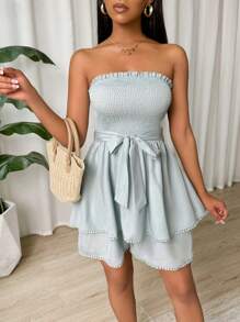 SHEIN Holidaya Stylish Women Solid Color Pleated Strapless Jumpsuit - Mint Green - View 5