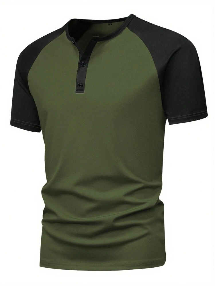 Men Summer Color Block Button Half Placket Round Neck Short Sleeve Casual T-Shirt