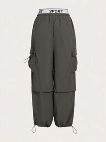 SHEIN EZwear 對比字母帶腰部蓋式口袋褲子