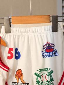 SHEIN Playful Pals 男嬰兒2件套裝，休閒運動簡約字母和數字印花無袖V領上衣和短褲