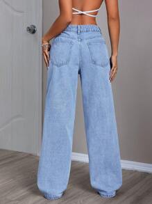 SHEIN ICON Quần jean denim rách rách có túi cho nữ - Rửa trung bình - Xem 2