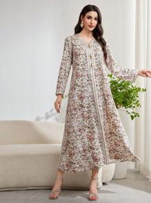 Al Najma Women Elegant Floral Printed Long Sleeve Dress, Modest Full Length Jalabiya, Casual Long Sleeve Dress - Multicolor - View 8