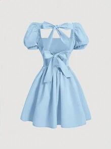 SHEIN MOD Solid Color Back-Tied Bowknot Women Short Bubble Sleeve Dress