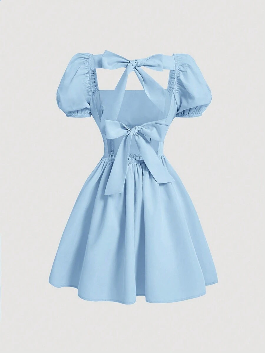 SHEIN MOD Solid Color Back-Tied Bowknot Women Short Bubble Sleeve Dress