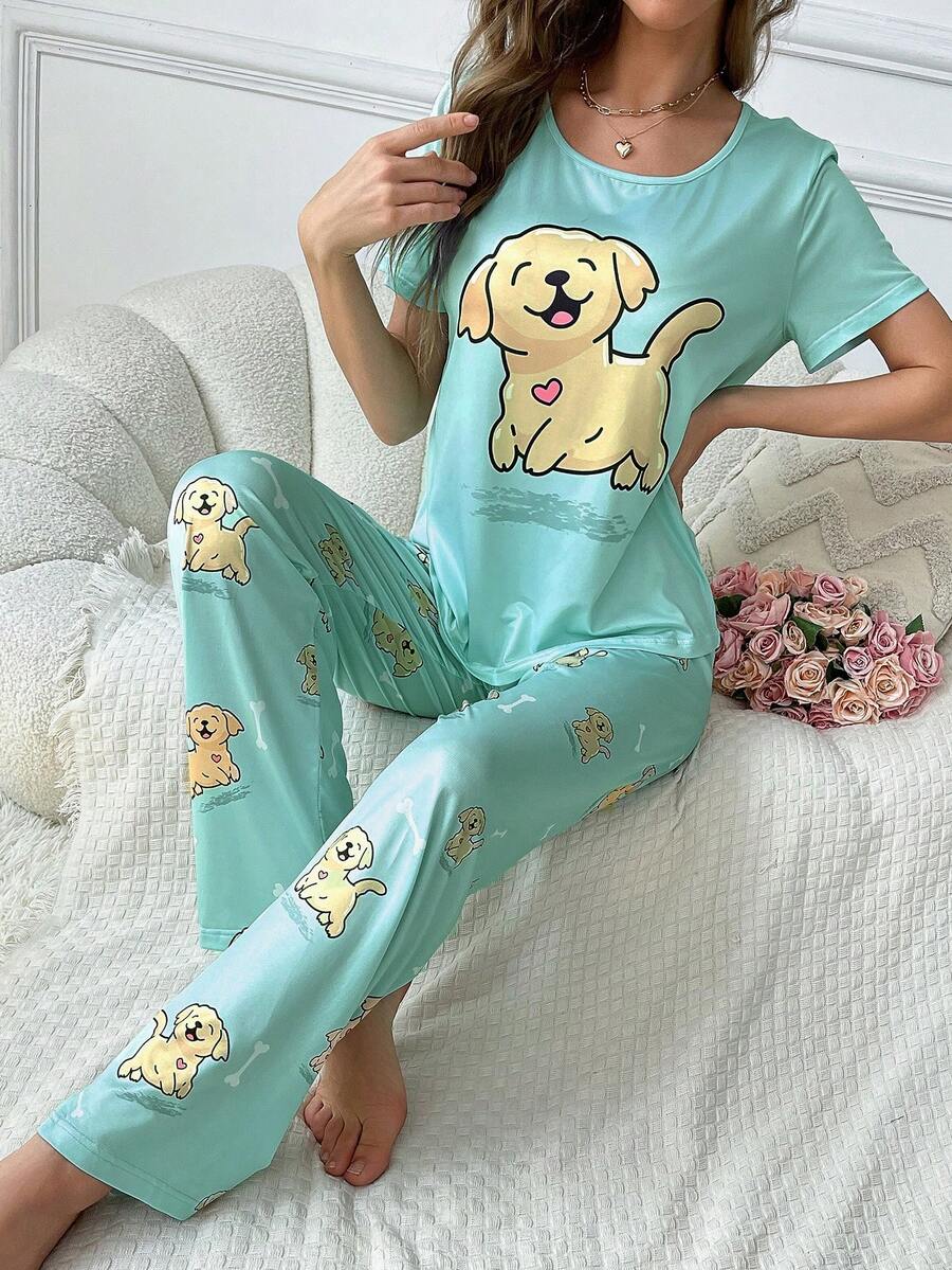 女士卡通小狗圖案圓領短袖T恤和褲子睡衣套裝 - 綠色 - 查看 1