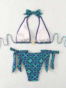 SHEIN Swim Bộ bikini in họa tiết toàn thân thời trang dành cho nữ, kỳ nghỉ hè trên bãi biển - Nhiều màu - Xem 2