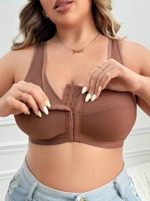 Plus Size Women Front Closure Wireless Bra, Single Pack Lingerie - Mocha Brown - View 1