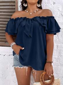SHEIN Clasi Plus Size Holiday Casual Solid Color Off Shoulder Ruffle Trimmed Blouse - Navy Blue - View 1