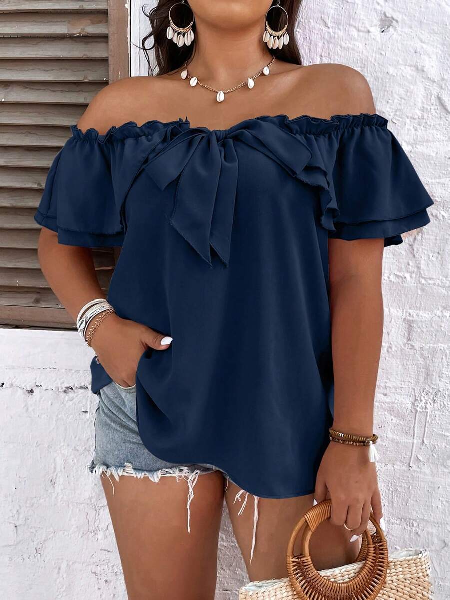 SHEIN Clasi Plus Size Holiday Casual Solid Color Off Shoulder Ruffle Trimmed Blouse - Navy Blue - View 1