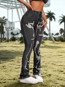 Jeans ajustados y acampanados con agujeros y estampado, de color gris oscuro - Gris Oscuro - Ver 4