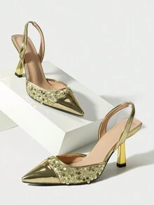 女士亮片裝飾尖頭細高跟拖鞋，春夏熱門款式適合派對、舞蹈俱樂部、約會、購物等場合，金色 - 金色 - 查看 5