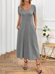 SHEIN Clasi Vestido Recto Con Cuello En V Y Bolsillos Diagonales De Color Sólido Para Mujeres - Gris - Ver 5