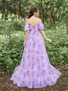 Faeriesty Đầm dạ hội trễ vai tay bồng viền bèo nhún sang trọng, trang trọng cho tiệc cưới, dự tiệc tốt nghiệp, tiệc tối - Màu Lilac Tím - Xem 2