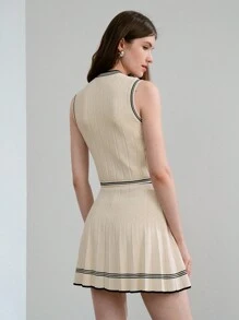 MOTF PREMIUM CONTRAST STRIPED TRIM POINTELLE KNIT TANK TOP & PLEATED SKIRT SET - Apricot - View 8