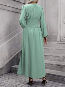 SHEIN Clasi Women Spring/Summer Solid Color V-Neck Lantern Sleeve Gathering Side Slit Hem Elegant Dress Fall Cloth For Women - Mint Green - View 2